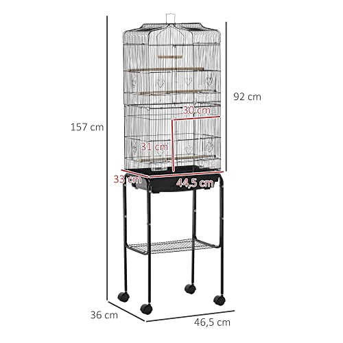 PawHut Jaula para Pájaros con Soporte Jaula Metálica de Aves Canarios con 4 Ruedas Puertas 4 Comederos 3 Perchas Bandeja Extraíble y Estante Inferior 46,5x36x157 cm Negro