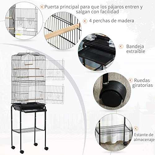 PawHut Jaula para Pájaros con Soporte Jaula Metálica de Aves Canarios con 4 Ruedas Puertas 4 Comederos 3 Perchas Bandeja Extraíble y Estante Inferior 46,5x36x157 cm Negro