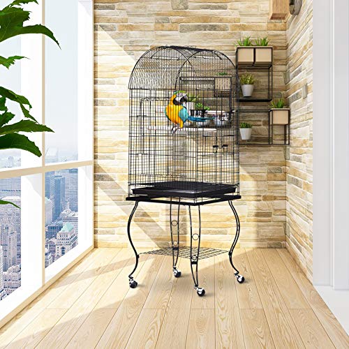 Pawhut Jaula para Pájaros con Soporte y Ruedas Jaula Grande de Metal con Bandeja Extraíble y 2 Comederos para Loros Guacamayos 53x53x153 cm Negro