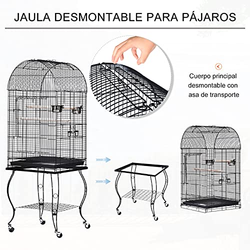 Pawhut Jaula para Pájaros con Soporte y Ruedas Jaula Grande de Metal con Bandeja Extraíble y 2 Comederos para Loros Guacamayos 53x53x153 cm Negro