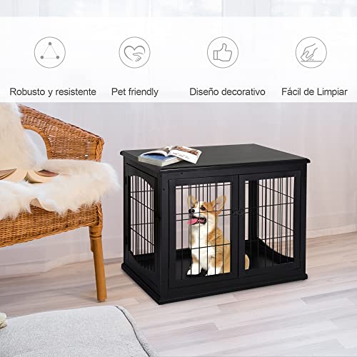 PawHut Jaula para Perros Grande de Madera con Superficie de Mesa 2 Puertas y Rejillas de Metal 58,5x81x66 cm Negro