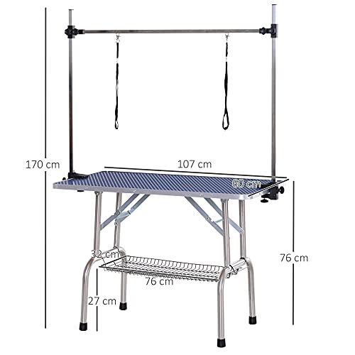 Pawhut Mesa de Peluquería para Mascotas Mesa de Aseo Plegable con Estante de Almacenamiento Estructura Acero Altura Ajustable 107x60x170 cm