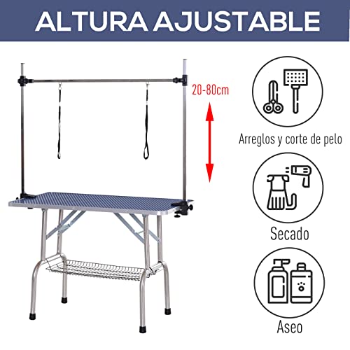 Pawhut Mesa de Peluquería para Mascotas Mesa de Aseo Plegable con Estante de Almacenamiento Estructura Acero Altura Ajustable 107x60x170 cm