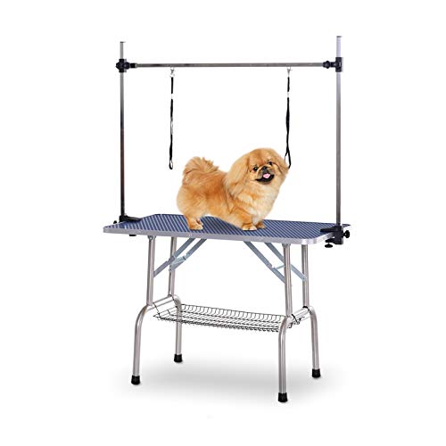 Pawhut Mesa de Peluquería para Mascotas Mesa de Aseo Plegable con Estante de Almacenamiento Estructura Acero Altura Ajustable 107x60x170 cm