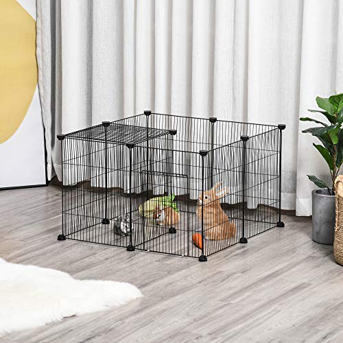 Pawhut Parque para Mascotas DIY Jaula para Animales Pequeños de 22 Paneles de Malla Metálica con Puerta Conejos Cobaya 105x70x45 cm Negro