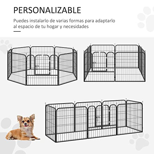 Pawhut Parque para Mascotas Perros 8 Vallas 79x79 cm Corral Plegable con Puerta y Doble Pestillo Paneles Metálicos Cerca de Entrenamiento Negro