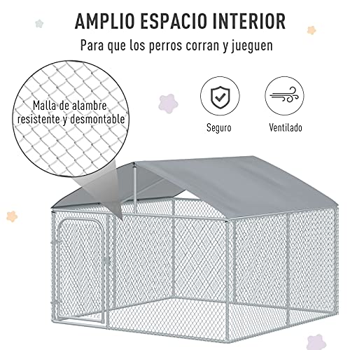 Pawhut Perrera de Exterior con Toldo Jaula para Perros Mascotas de Metal Galvanizado con Cerradura para Jardín Patio 230x230x172 cm Plata