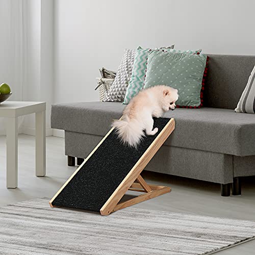 Pawhut Rampa Plegable para Perros y Gatos de Madera con Altura Ajustable de 4 Niveles y Alfombra Antideslizante Escaleras de Mascotas para Coche Cama y Sofá 90x40x61 cm Natural