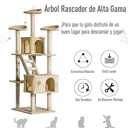 Pawhut Rascador Gato Altura 180x60x50cm Arbol Poste Gato Arañar Centro Actividad Beige