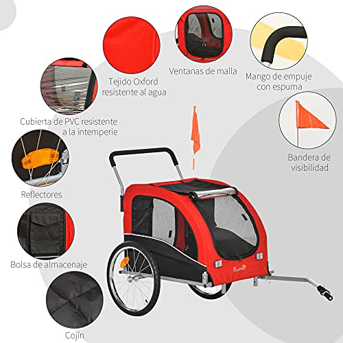 Pawhut Remolque de Bicicleta Perros Plegable Carrito de Transporte para Mascotas con 1 Bandera 4 Reflectores Enganche y Cubierta de Lluvia Tela Oxford 162x74x85 cm Rojo