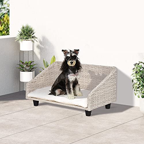 Pawhut Sofá Cama de Ratán para Perros Gatos Cama Elevada para Mascotas Medianas Pequeñas con Cojín Suave Lavable para Interior 70,5x40x37,5 cm Beige Veteado