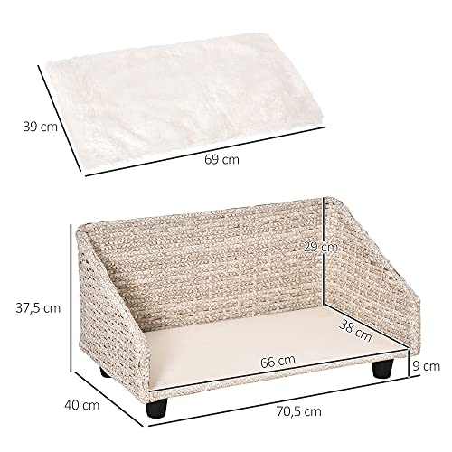 Pawhut Sofá Cama de Ratán para Perros Gatos Cama Elevada para Mascotas Medianas Pequeñas con Cojín Suave Lavable para Interior 70,5x40x37,5 cm Beige Veteado