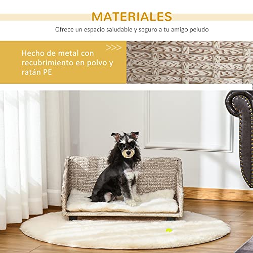 Pawhut Sofá Cama de Ratán para Perros Gatos Cama Elevada para Mascotas Medianas Pequeñas con Cojín Suave Lavable para Interior 70,5x40x37,5 cm Beige Veteado