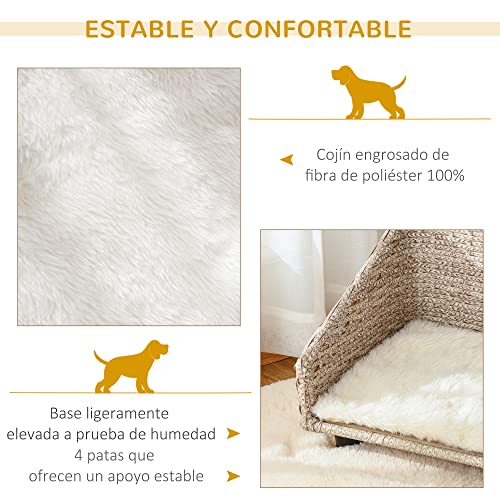 Pawhut Sofá Cama de Ratán para Perros Gatos Cama Elevada para Mascotas Medianas Pequeñas con Cojín Suave Lavable para Interior 70,5x40x37,5 cm Beige Veteado