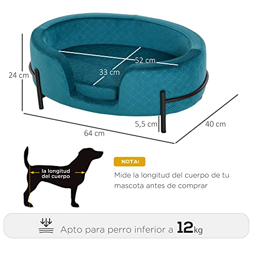 Pawhut Sofá Cama para Mascotas Perros Pequeños Gatos con Cojín Acolchado Desmontable Base de Metal Bordes Elevados 64x40x24 cm Turquesa