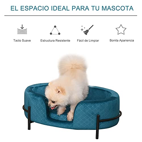 Pawhut Sofá Cama para Mascotas Perros Pequeños Gatos con Cojín Acolchado Desmontable Base de Metal Bordes Elevados 64x40x24 cm Turquesa