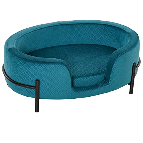 Pawhut Sofá Cama para Mascotas Perros Pequeños Gatos con Cojín Acolchado Desmontable Base de Metal Bordes Elevados 64x40x24 cm Turquesa