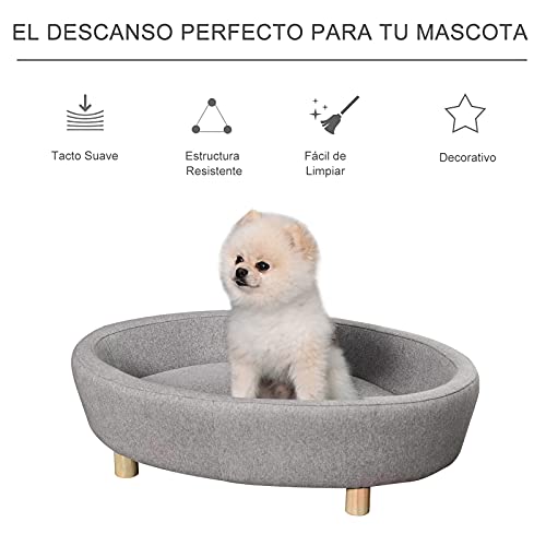 Pawhut Sofá Cama para Mascotas Perros Pequeños Medianos Gatos con Cojín Acolchado extraíble Patas Madera Bordes Elevados 81x61x24 cm Gris