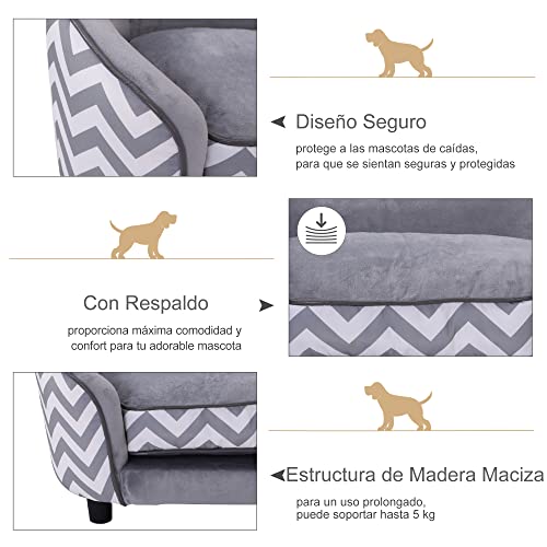 PawHut Sofá para Mascotas Sofá Acolchado para Perros y Gatos de Madera con Cojín Grueso Patas y Bolsillo de Almacenaje 68,5x40,5x40,5 cm Gris