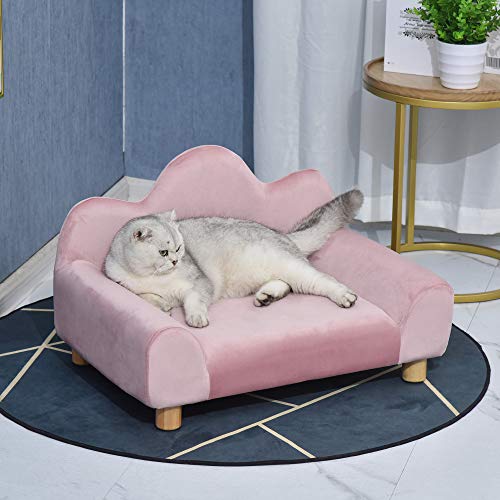 Pawhut Sofá para Mascotas Sofá Estilo Moderno para Gatos Perros Pequeños con Respaldo de 3 Ondulaciones Patas Elevadas de Madera 63x43x40 cm Rosa