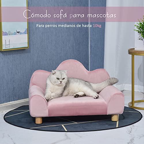 Pawhut Sofá para Mascotas Sofá Estilo Moderno para Gatos Perros Pequeños con Respaldo de 3 Ondulaciones Patas Elevadas de Madera 63x43x40 cm Rosa