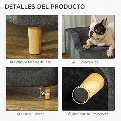 PawHut Sofá para Mascotas Tapizado en Terciopelo Sofá Cama para Perros Gatos Medianos Pequeños Acolchado Grueso con Cojín Extraíble Lavable y Patas de Madera 70x40x31 cm Gris