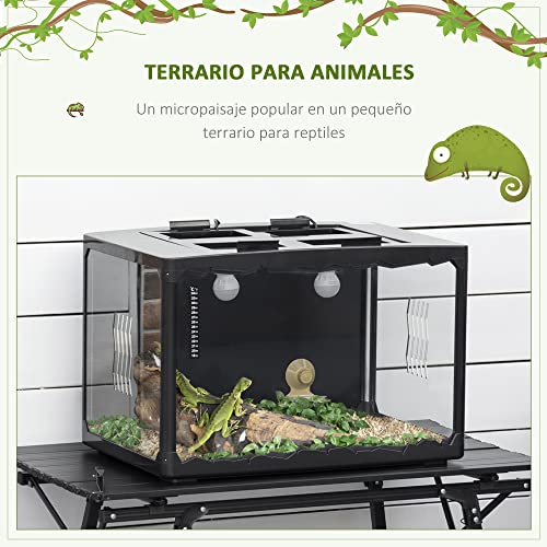 PawHut Terrario para Reptiles Caja de Alimentación de Insectos de Acrílico con Comedero Termómetro 2 Portalámparas E27 e Interruptor para Lagarto Camaleón 60x40x40,5 cm Negro