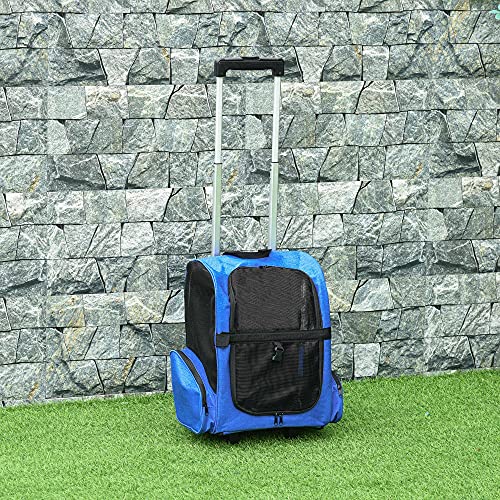 PawHut Transportín Carrito para Mascotas 2 en 1 Mochila de Viaje con 2 Ruedas para Perros Gatos con Asa Retráctil de Aluminio y Bolsillos de Almacenaje 42x25x55 cm Azul