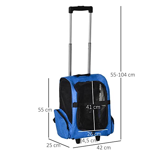 PawHut Transportín Carrito para Mascotas 2 en 1 Mochila de Viaje con 2 Ruedas para Perros Gatos con Asa Retráctil de Aluminio y Bolsillos de Almacenaje 42x25x55 cm Azul