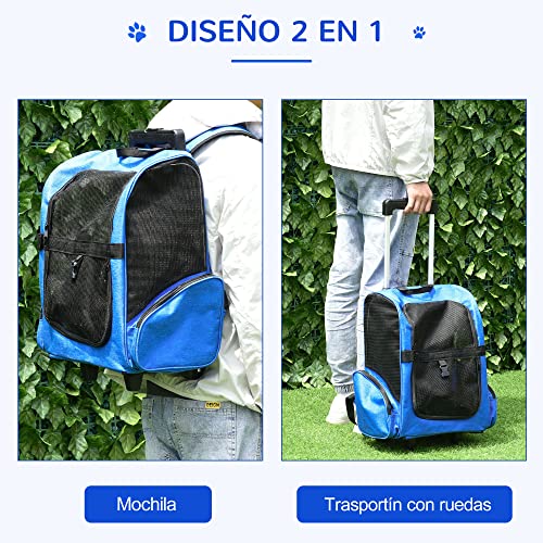 PawHut Transportín Carrito para Mascotas 2 en 1 Mochila de Viaje con 2 Ruedas para Perros Gatos con Asa Retráctil de Aluminio y Bolsillos de Almacenaje 42x25x55 cm Azul