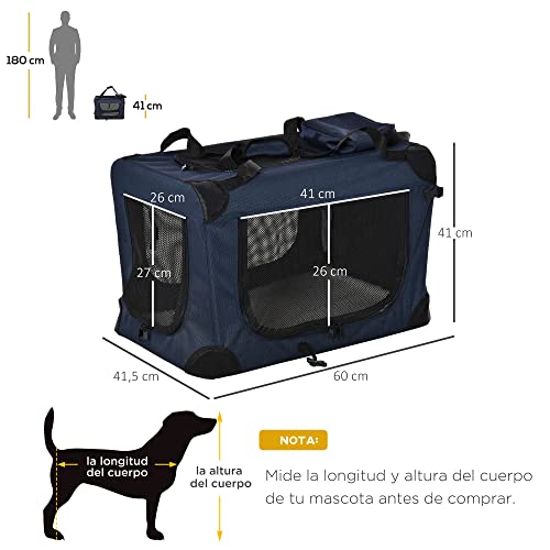 PawHut Transportín Perro Gato Bolsa de Transporte Portátil y Transpirable para Mascotas Plegable con Cojín 3 Puertas y Ventana de Malla 2 Bolsillos 60x41,5x41 cm Azul Oscuro