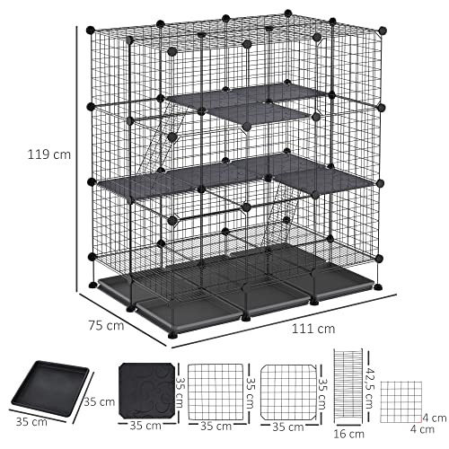 PawHut Valla Metálica para Pequeños Animales Montaje DIY Parque Metálica Desmontable con 3 Niveles y 4 Puertas Grandes 6 Bandejas Extraíbles Jaula de Mascotas Pequeñas 111x75x119 cm Negro