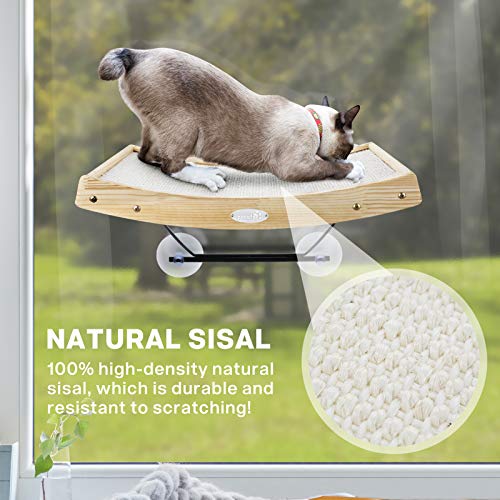 Pecute Camas para Ventanas con Ventosa Gatos Rascador de Gato con Sisal 2 en 1 Cama de Hamaca para Gatos Sostener hasta 15kg，Marco de Madera Sólida, Soporte de Hierro y una poderosa Ventosa (Sisal)