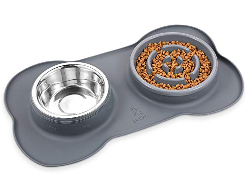 Pecute Comedero Lento para Perros Bol para Gatos Tazón Double para Mascotas Comer Lentamente 3-en-1 de Silicona e Acero Inoxidable y una Base de Silicona Antideslizante (L Gris)