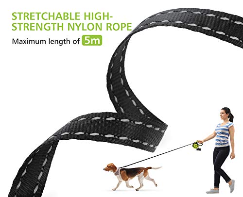 Pecute Correa Perro Extensible con Costuras Reflectantes Lluminosas para Perros Tamaño Mediano y Pequeño hasta 30KG 5M y Bolsa de Basura, Talla M