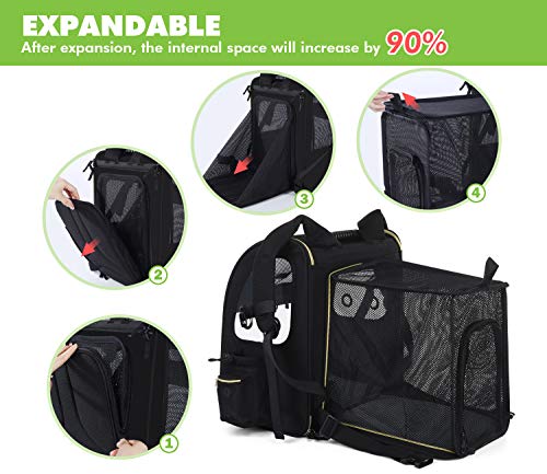 Pecute Transportin Gato Mochilas para Gatos y Perro Bolsa para Mascotas Expandible y Plegable, Carga Máxima 15 kg, para Viajar en Tren/automóvil/Restaurante/avión, Gris (Negro, Ventana Transparente)