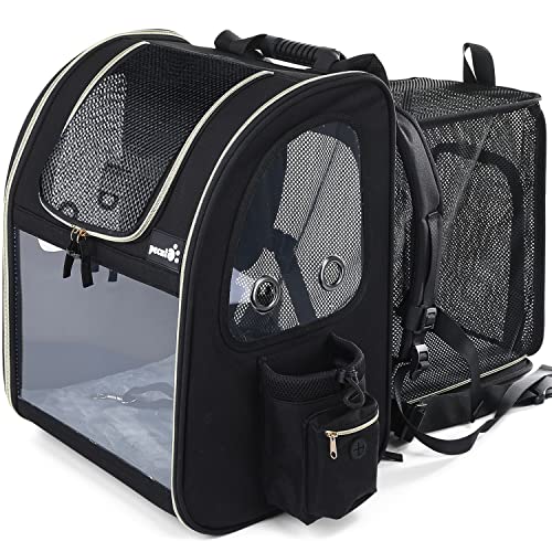 Pecute Transportin Gato Mochilas para Gatos y Perro Bolsa para Mascotas Expandible y Plegable, Carga Máxima 15 kg, para Viajar en Tren/automóvil/Restaurante/avión, Gris (Negro, Ventana Transparente)