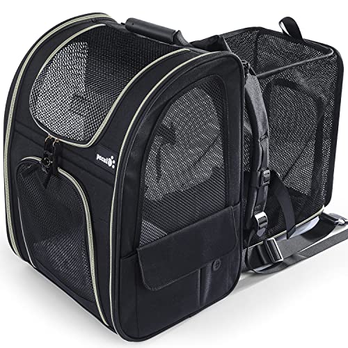 Pecute Transportin Gato Mochilas para Gatos y Perro Bolsa para Mascotas Expandible y Plegable, Carga Máxima 15 kg, para Viajar en Tren/automóvil/Restaurante/avión, Gris (Negro, Ventana de Malla)