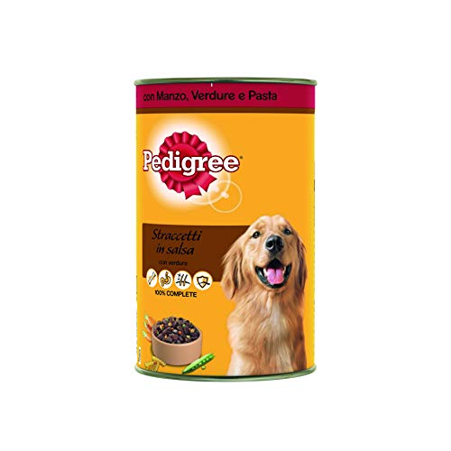 Pedigree Tiras de Salsa con Ternera, Verduras y Pasta en Lata de 1200 g – Alimento para Perro – 12 latas