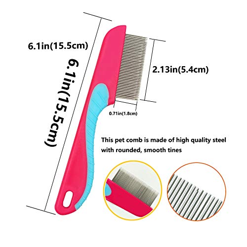 Peine de perro, peine de gato, peines de mascotas, peine de metal para perros, peine de aseo para gatos, peine de aseo para perros para eliminar enredos y nudos (rojo+rosa)