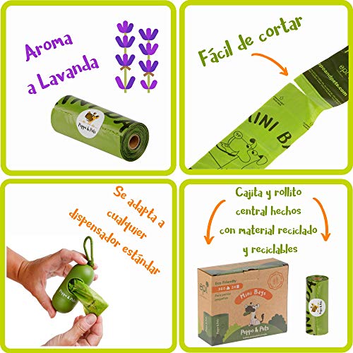 Peppo and Pets- 360 Mini Bolsas Caca Perro TAMAÑO PEQUEÑO -(24 Rollos) - Biodegradables- Muy Resistentes - Olor a Lavanda- Opacas- A Prueba de Fugas