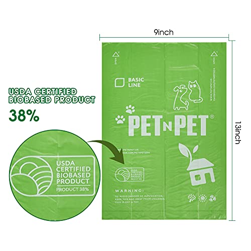 PET N PET Bolsa para excrementos de perro con certificación USDA 38% Biobased Bolsas para excrementos 1080 recuentos 60 rollos 23x33 cm, verde