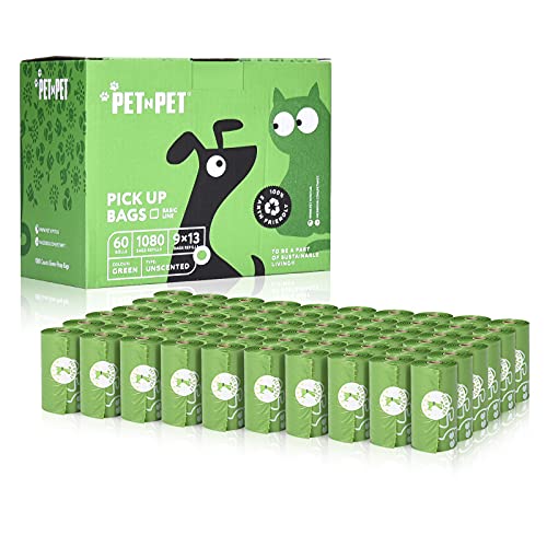 PET N PET Bolsa para excrementos de perro con certificación USDA 38% Biobased Bolsas para excrementos 1080 recuentos 60 rollos 23x33 cm, verde