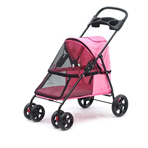 Pet Stroller Dog Stroller One-Click Folding Pet Travel Carrier with Removable Liner Storage Basket Breathable Mesh (Color : Red) (Pink)