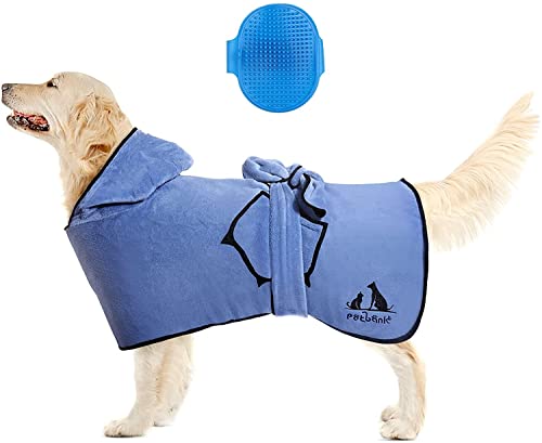 Petbank 2 Pcs Albornoz para Perro, Toallas para Perro Grandes Absorber La Humedad, Toallas para Secado con Capucha y Bolsillos, con 1 Cepillo para Mascotas, S, Azul