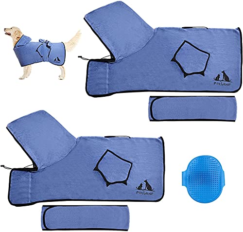 Petbank 2 Pcs Albornoz para Perro, Toallas para Perro Grandes Absorber La Humedad, Toallas para Secado con Capucha y Bolsillos, con 1 Cepillo para Mascotas, S, Azul