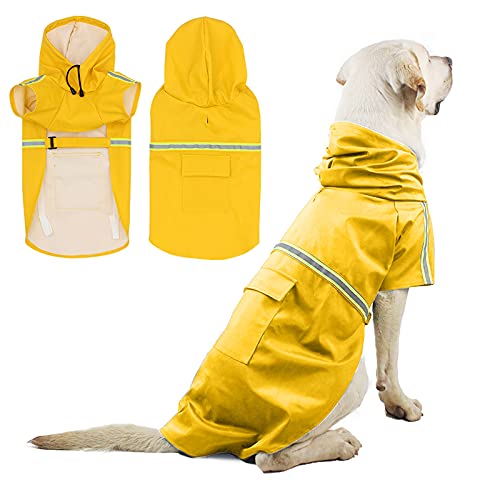 PETCUTE Impermeable para Perros,Chubasquero para Perros Medianos y Grandes con Capucha,Poncho de Lluvia Impermeable con Agujero para Arnés, Tira Reflectante,Bolsillos para Perros pequeñas y Medianas