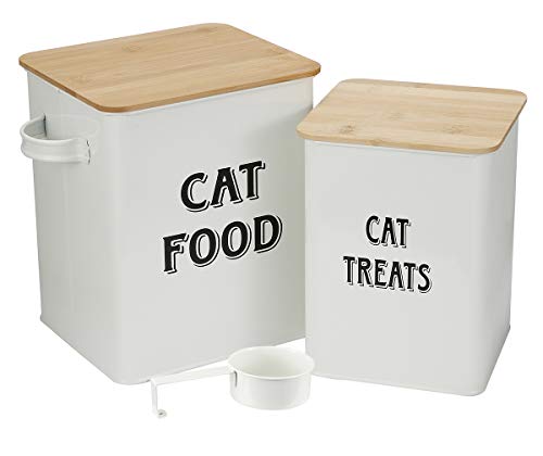 Pethiy - Cajas para Comida y golosinas para Animales - Contenedor de Comida para Gato - Tapas de Madera herméticas y Pala - Acero al Carbono Revestido -Capacidad 8L + 5L-Blanco