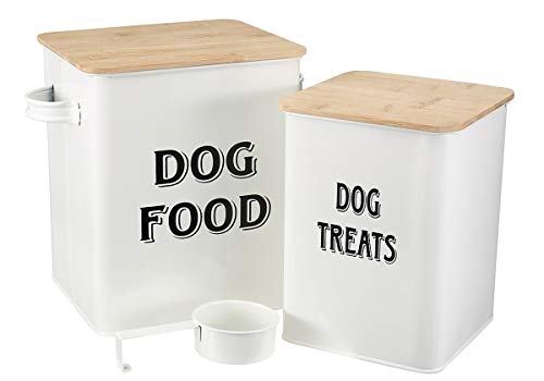 Pethiy - Cajas para Comida y golosinas para Animales - Contenedor de Comida para Perros - Tapas de Madera herméticas y Pala - Acero al Carbono Revestido -Capacidad 8L + 5L-Blanco