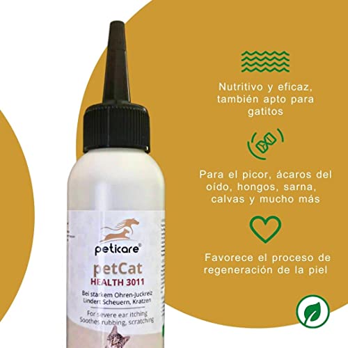 Peticare Gato Aceite de Cuidado Limpiador para Acaros del Oido y Anti-Parasitos - Gotas de Tratamiento, Limpia Eficazmente Orejas, Detiene Otitis Parasitaria - petCat Health 3011